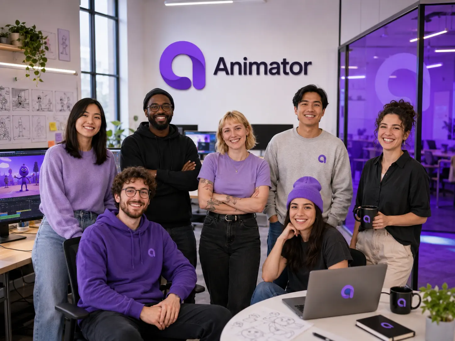 Animator team in a modern creative studio with Animator branding