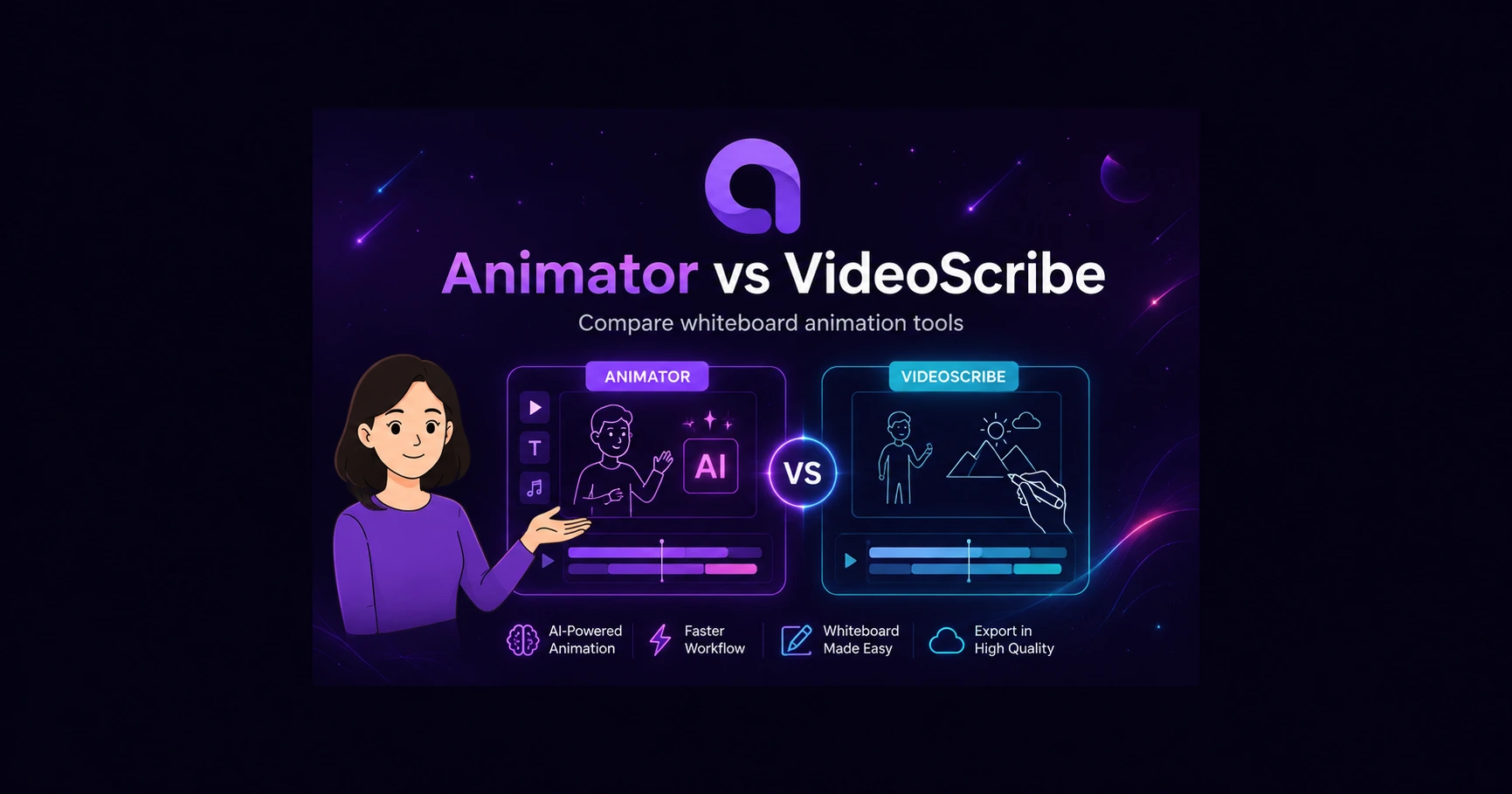 Illustrated Animator and VideoScribe comparison with a presenter and whiteboard drawing tools.
