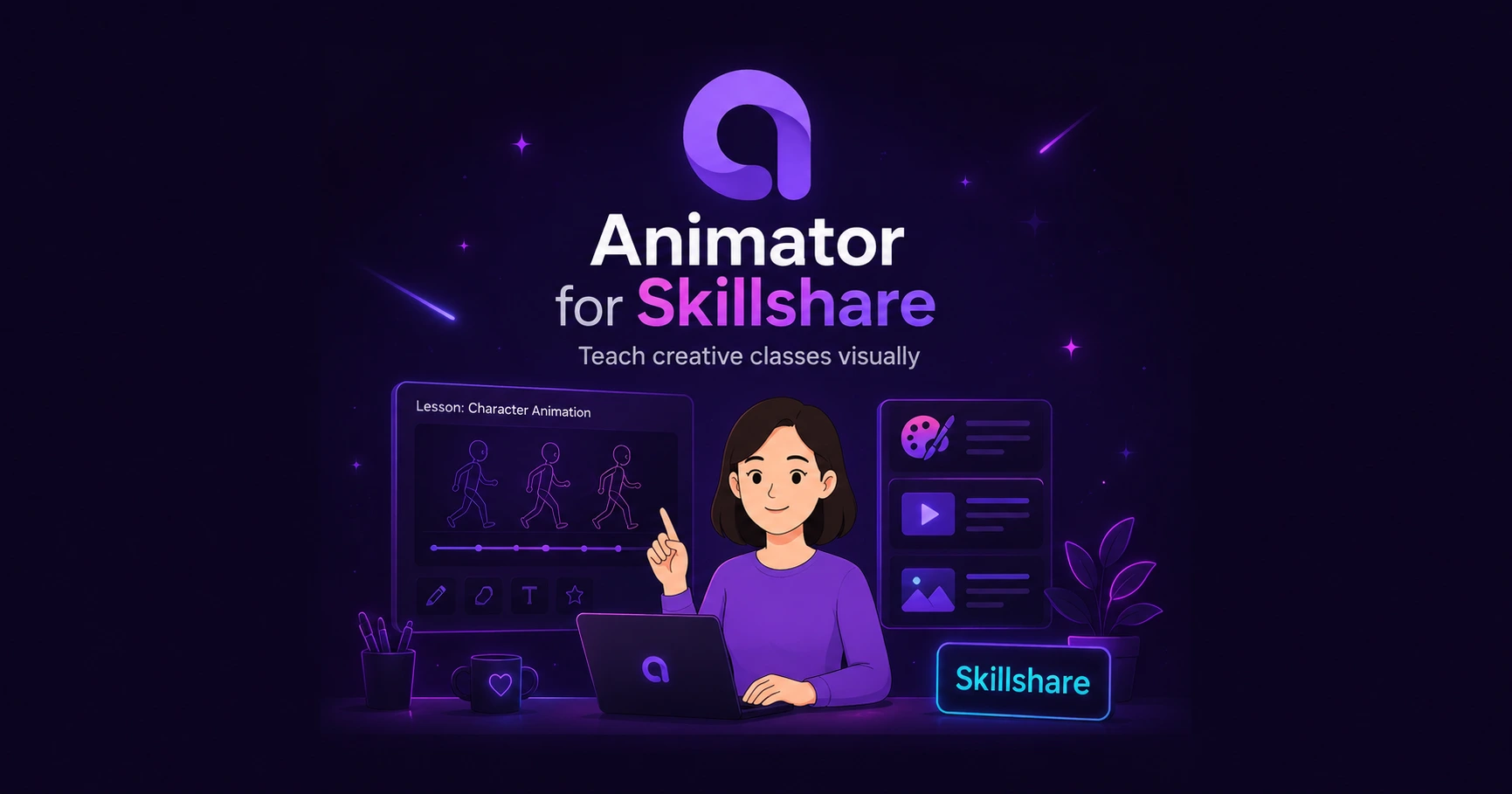 Illustrated Animator for Skillshare cover showing short visual lessons and a class project.