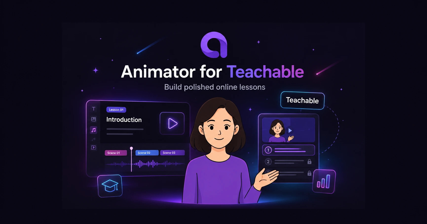 Illustrated Animator for Teachable cover showing modular course lessons and an export workflow.