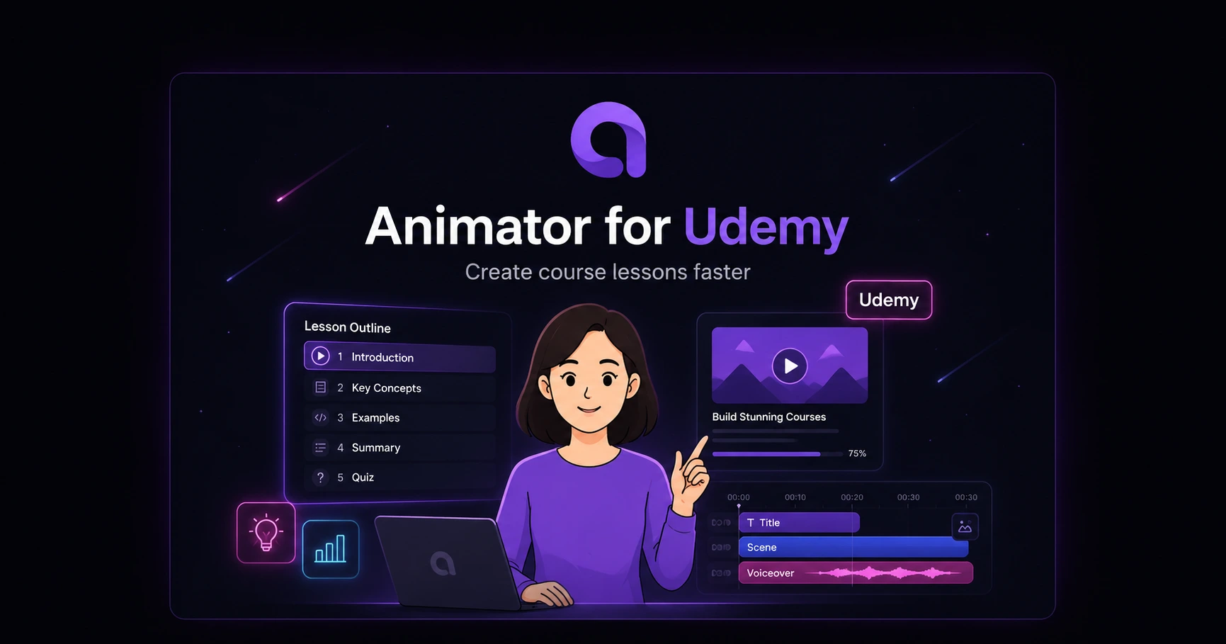 Illustrated Animator for Udemy cover showing a course outline, whiteboard lesson and editing timeline.