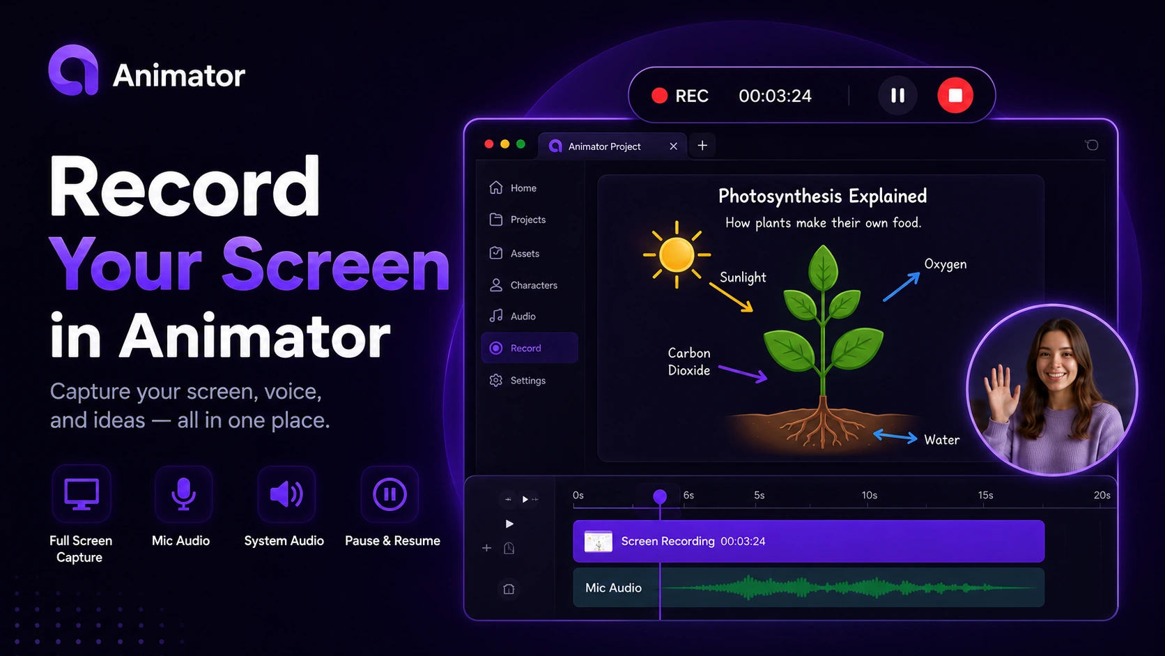Animator browser workspace prepared for a screen recording workflow