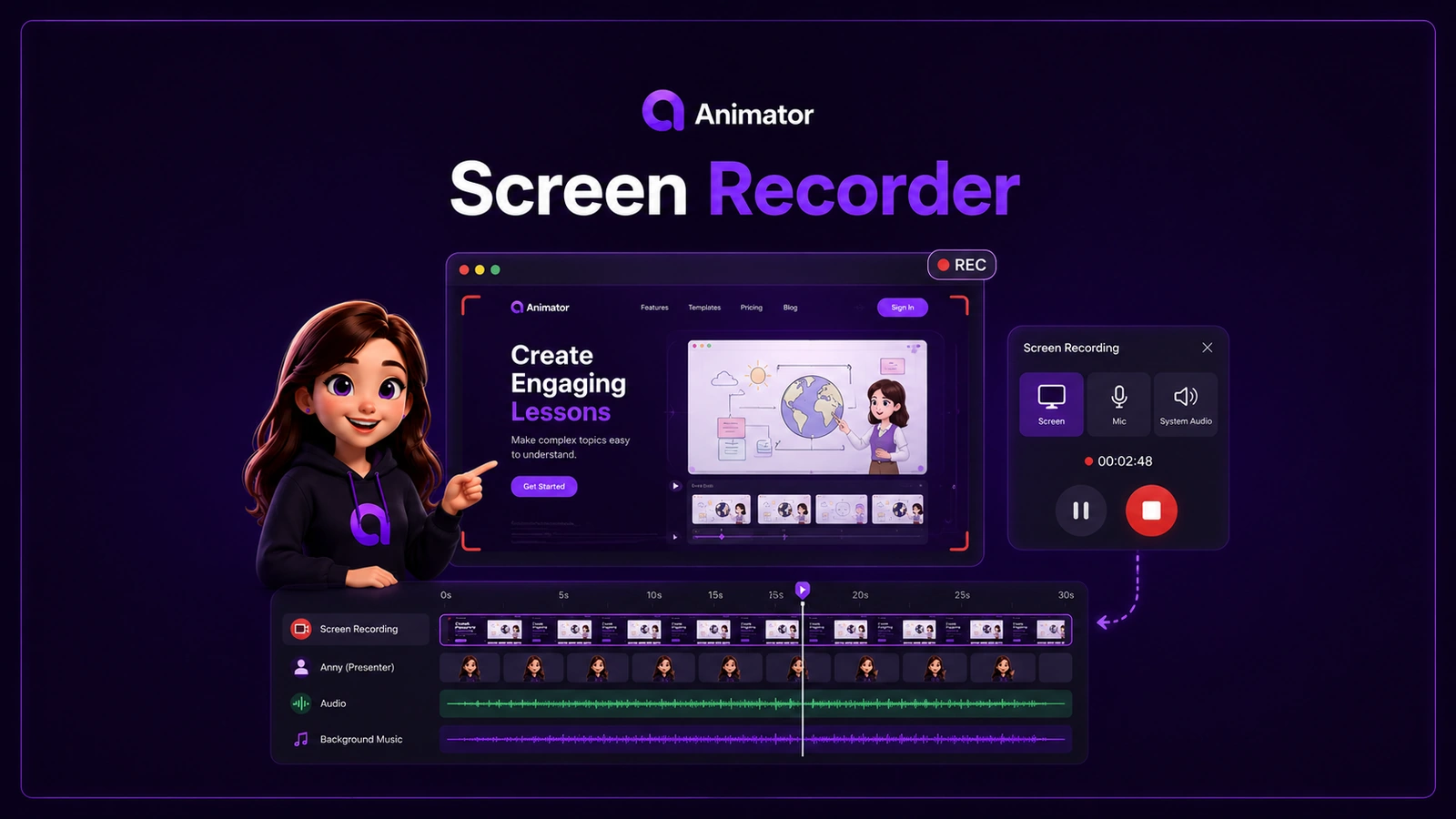 A desktop screen recording flowing into the dark violet Animator whiteboard timeline