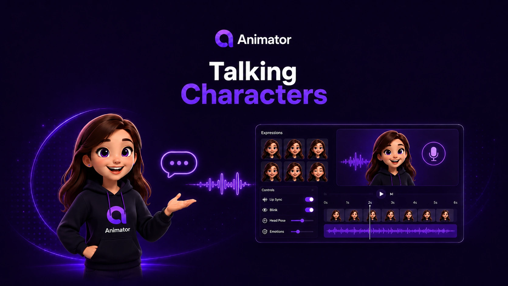 Two talking characters presenting a whiteboard lesson inside the dark violet Animator editor